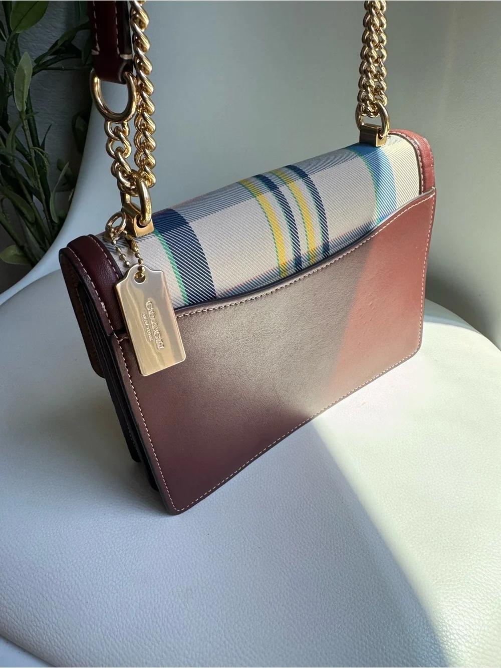 Coach Klare CBI66 Plaid Chain Shoulder Crossbody Bag Cream Brown Leather